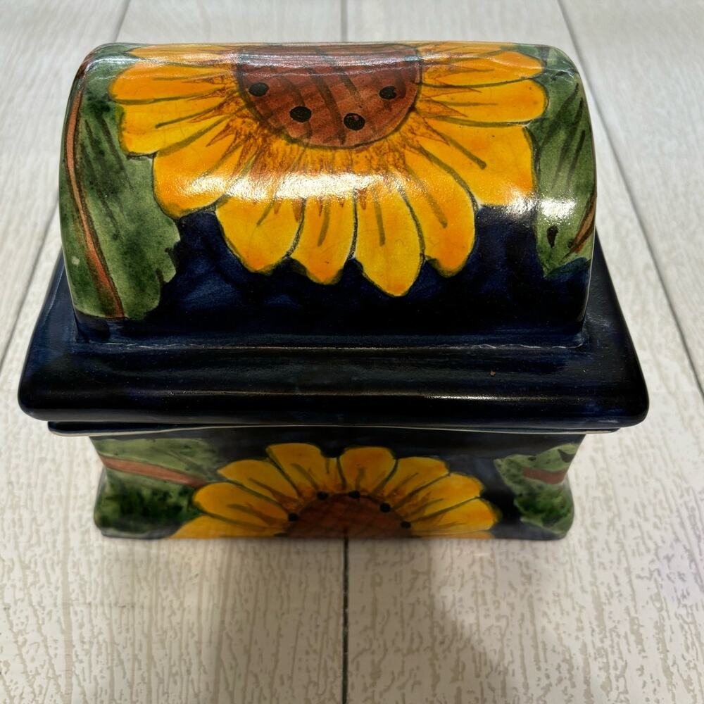 Vintage Sunflower Cobalt Blue Pottery Trinket Box